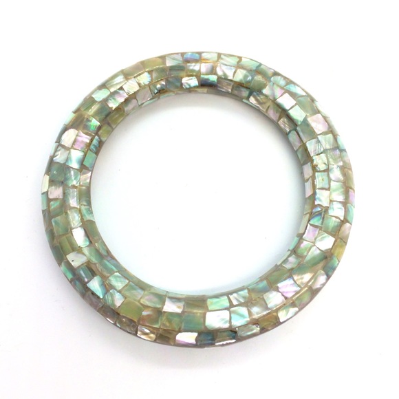 Vintage Jewelry - MOTHER OF PEARL MOP MOSAIC INLAY ABALONE SHELL BANGLE BRACELET